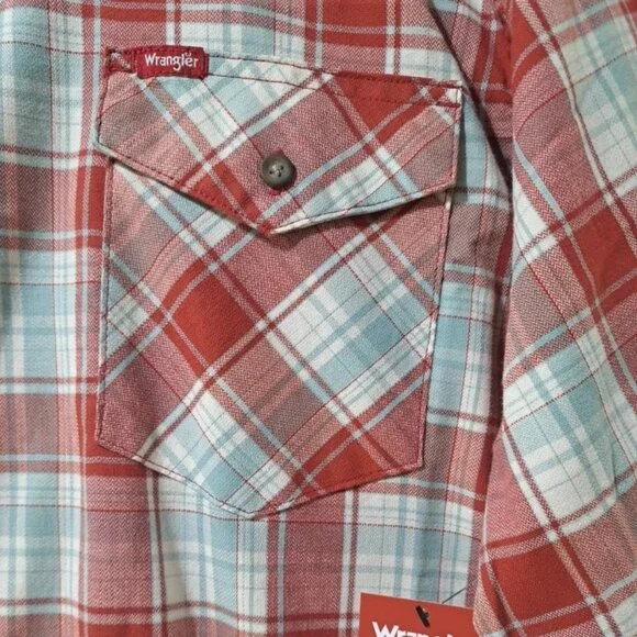 NWT Wrangler Men’s Sz 2XL Stretch Red Plaid Stripe Long Sleeve Shirt Button Down - Picture 5 of 11